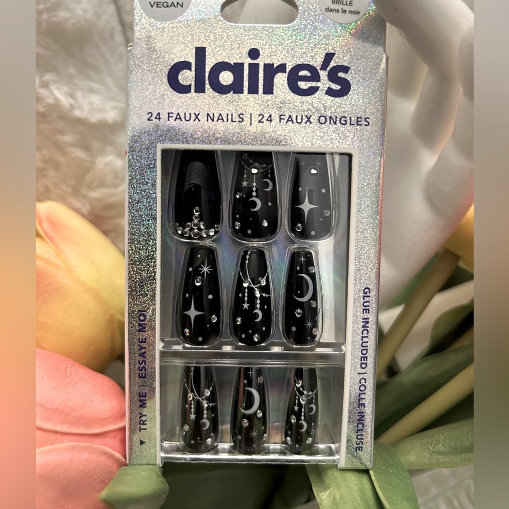 Claire's Black Faux Nails with Silver Designs